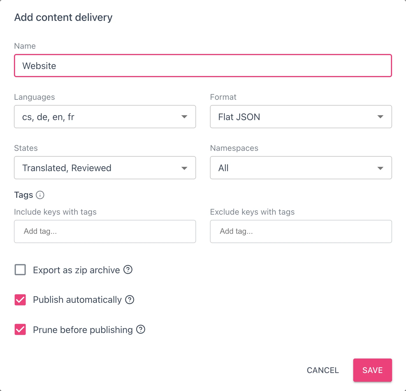 Add content delivery dialog