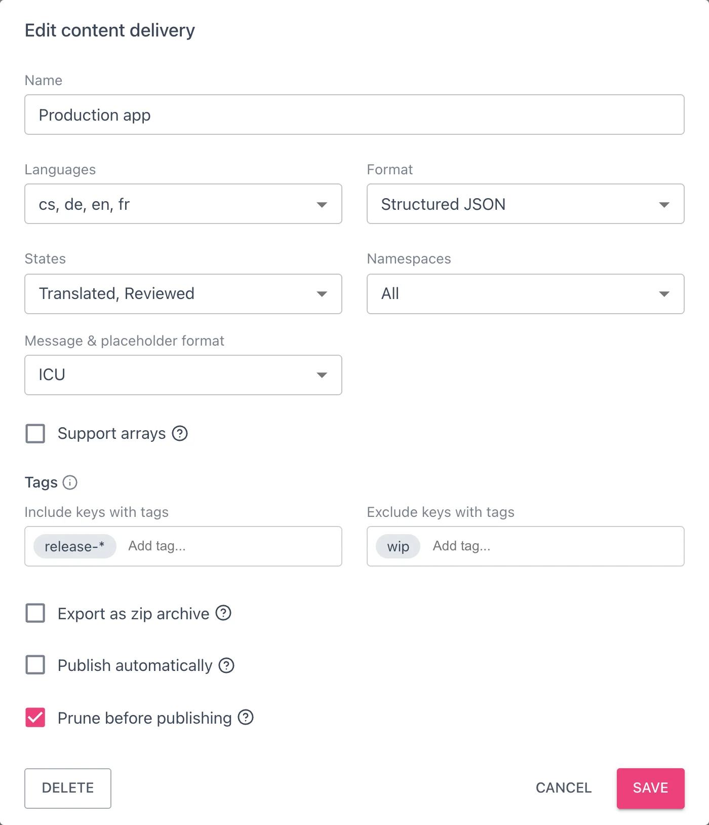 Content delivery dialog with Translated and Reviewed states and tag filters release-* and wip