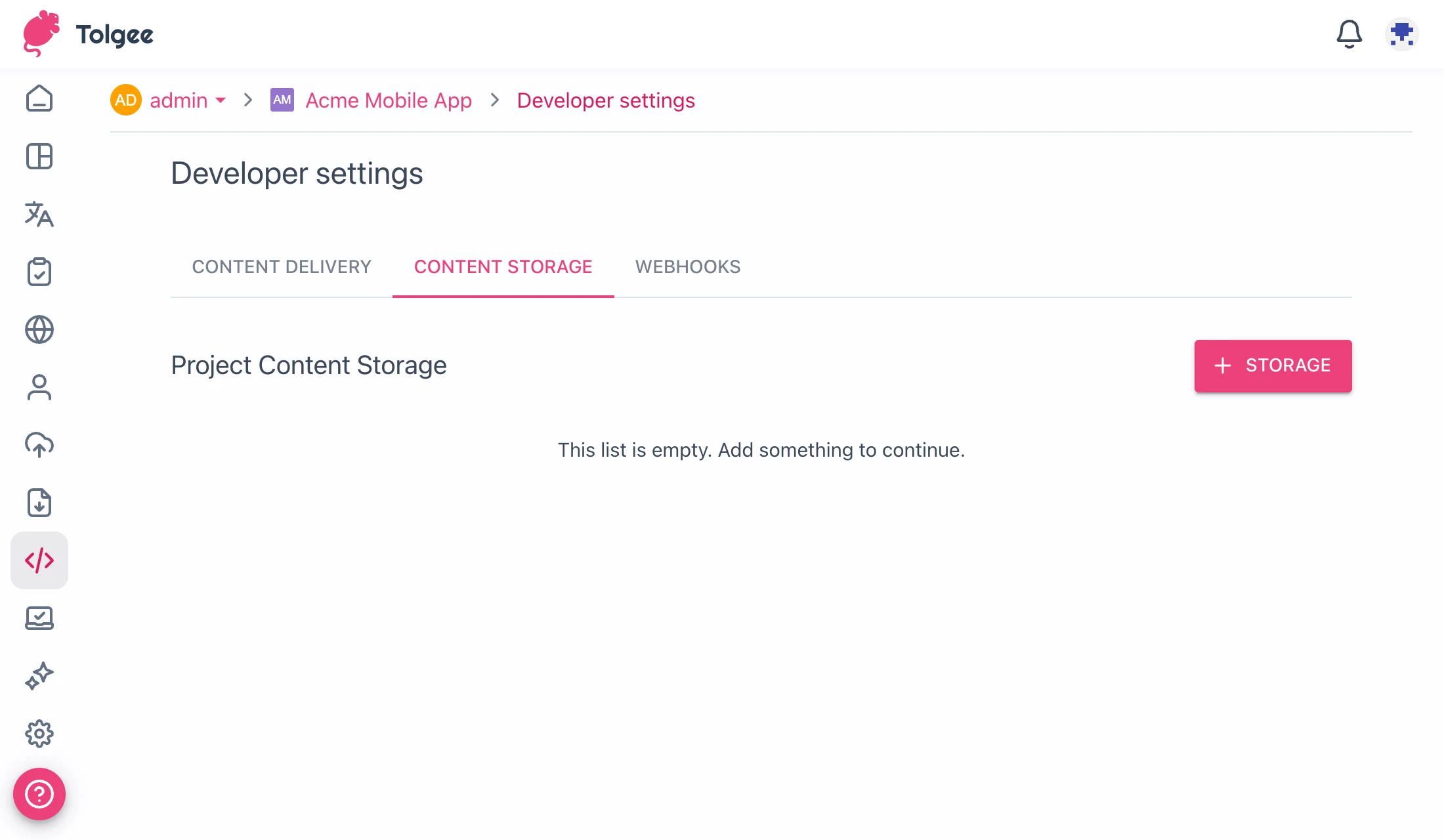 Content storage tab in developer settings