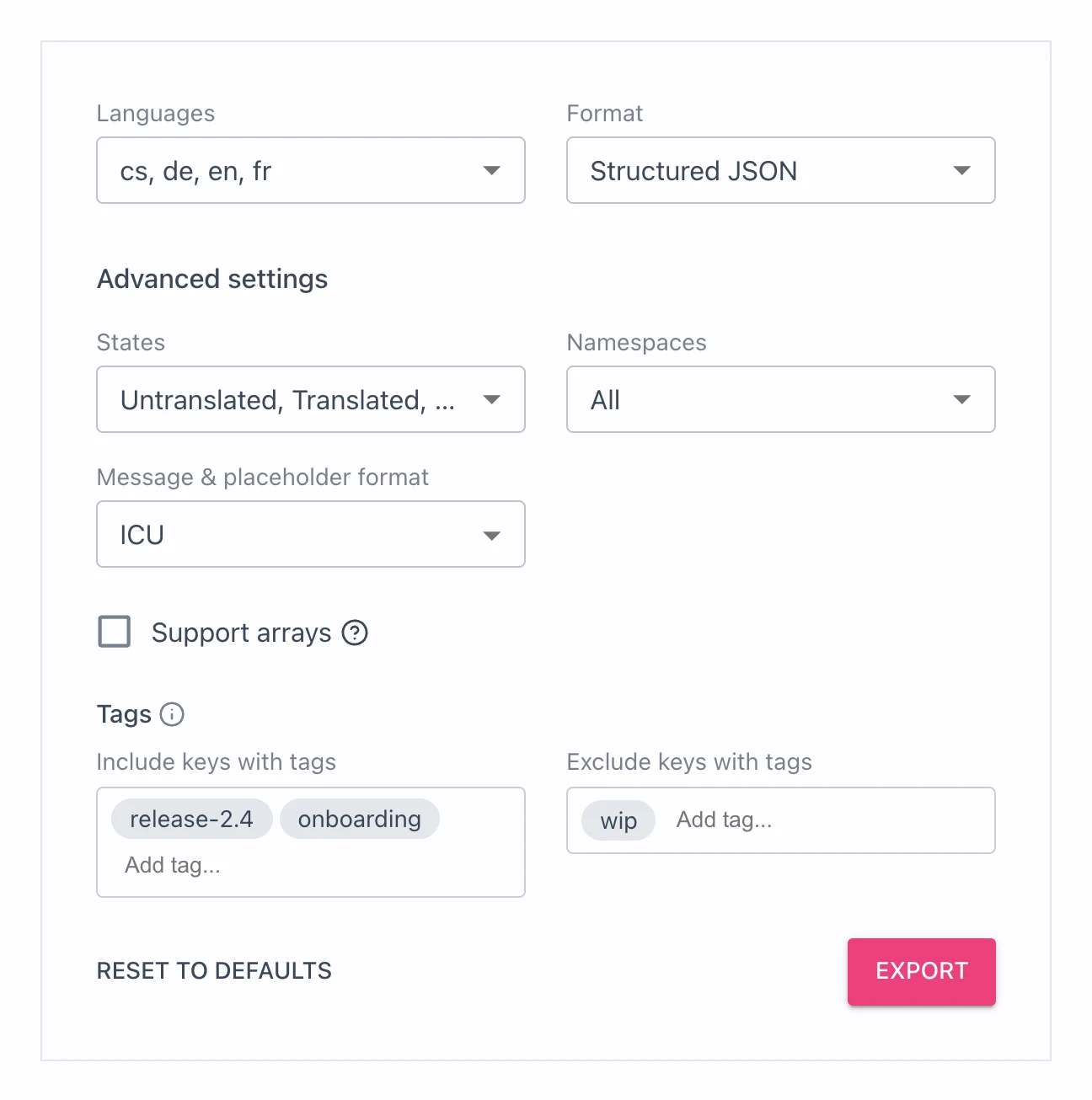 Advanced settings kept open because tag filters are set, with states, namespaces, message format, Support arrays and tag filters