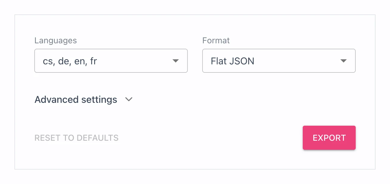Export page with Languages, Format and the collapsed Advanced settings section