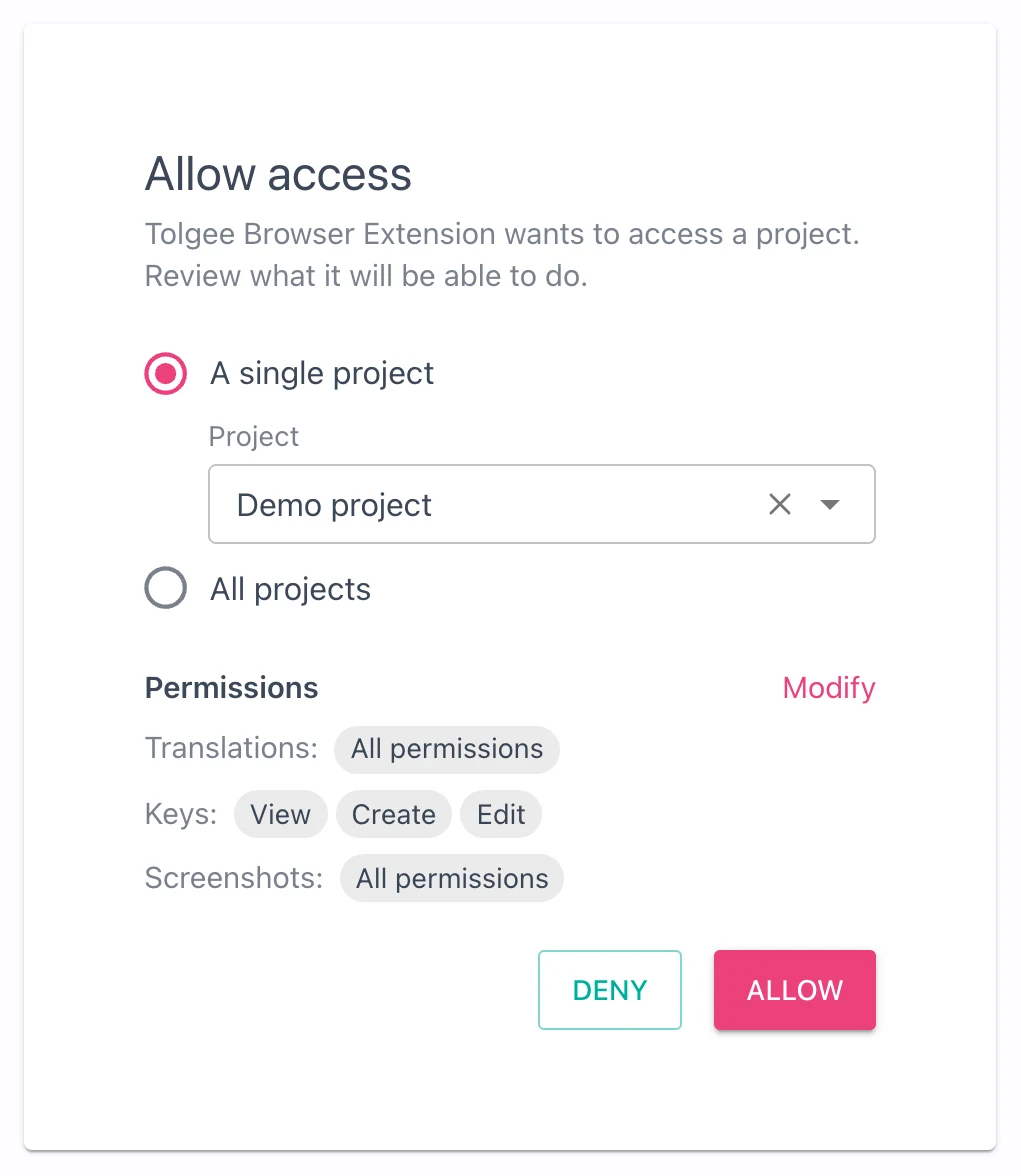 The Tolgee consent screen the Connect to Tolgee button opens, with the project pre-selected from the page
