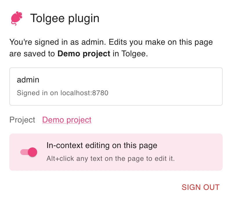 The Tolgee Tools popup after signing in: the account, the project and the in-context editing switch